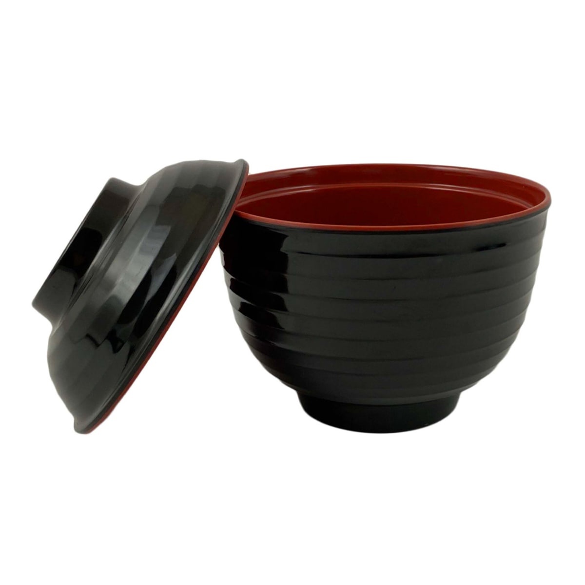 Thunder Group 3221JBR 8 oz round melamine soup bowl in two-tone red and black with fitted lid resting beside it