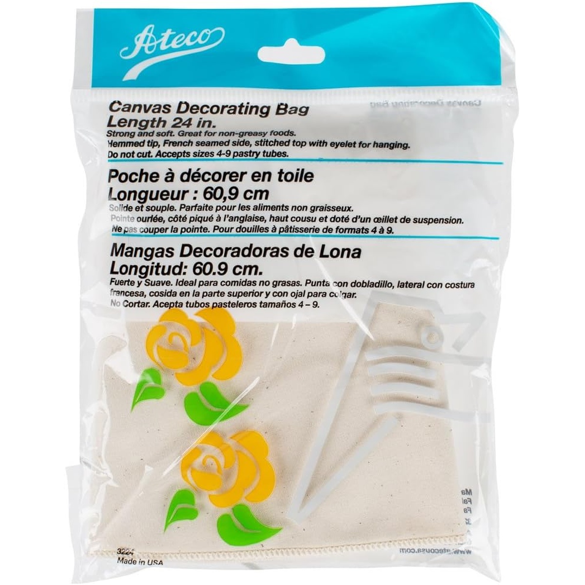 Ateco 3224 24-inch Canvas Pastry Decorating Bag in retail packaging showing size and features