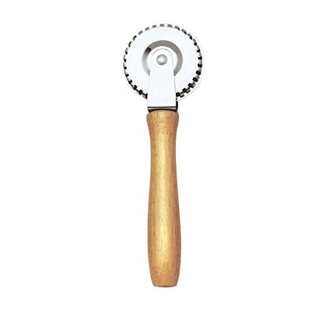 Norpro 3248 pastry crimper front view showing slotted stainless steel wheel and wood handle