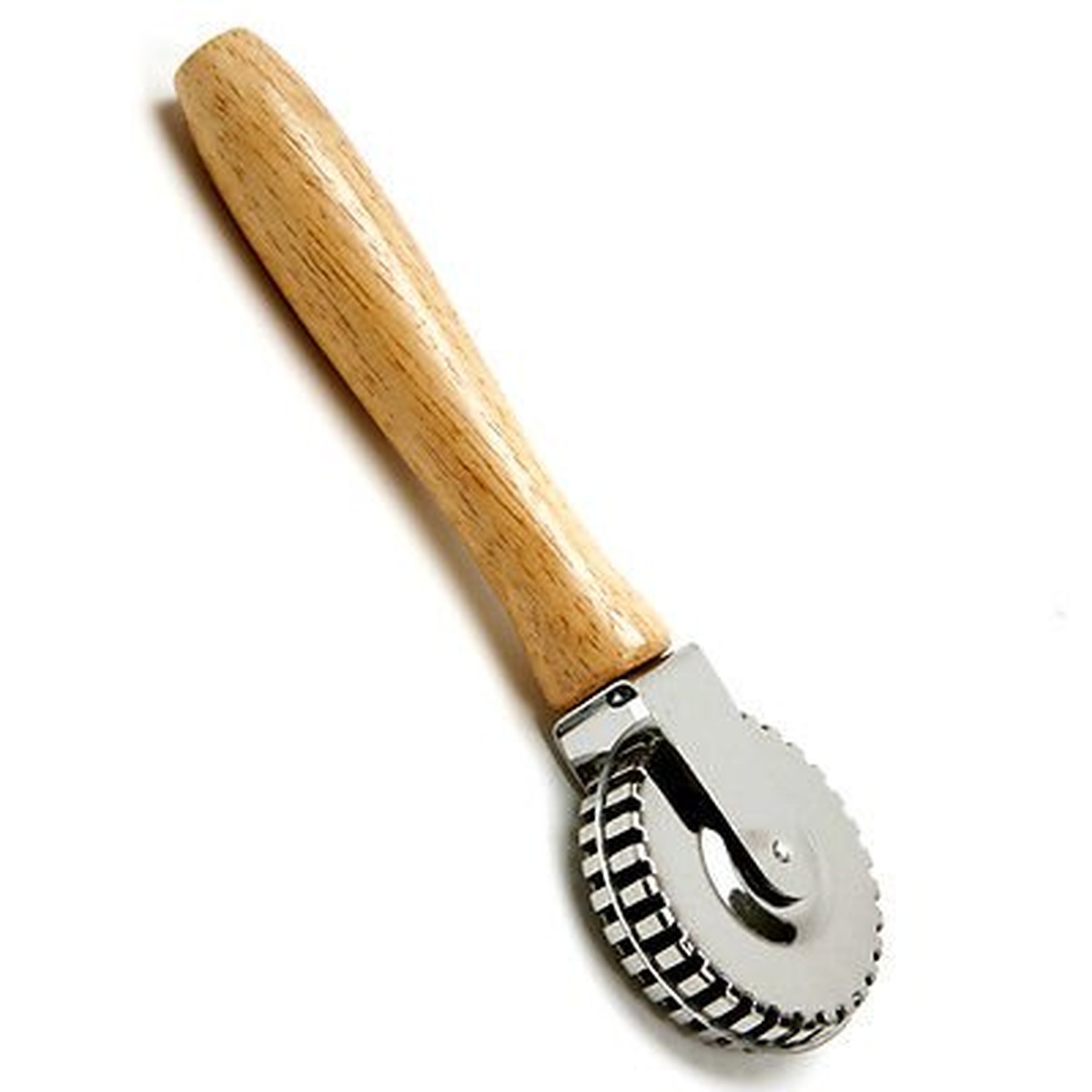 Norpro 3248 pastry crimper angled view highlighting solid wood handle and metal wheel assembly