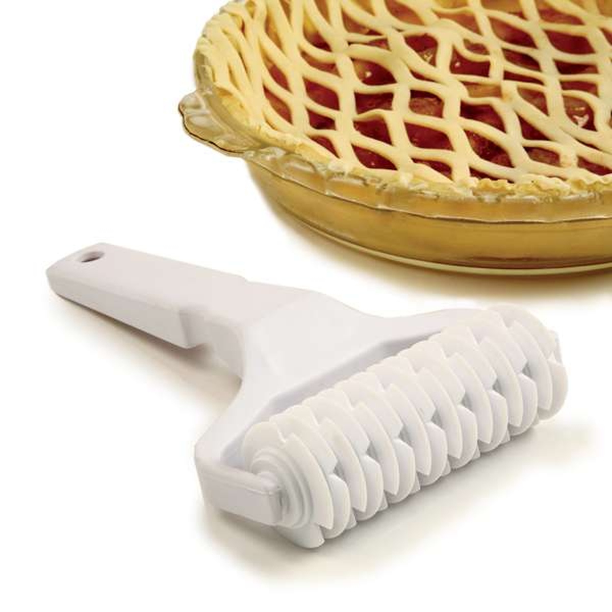 Norpro pastry lattice cutter shown alongside a finished cherry lattice-top pie