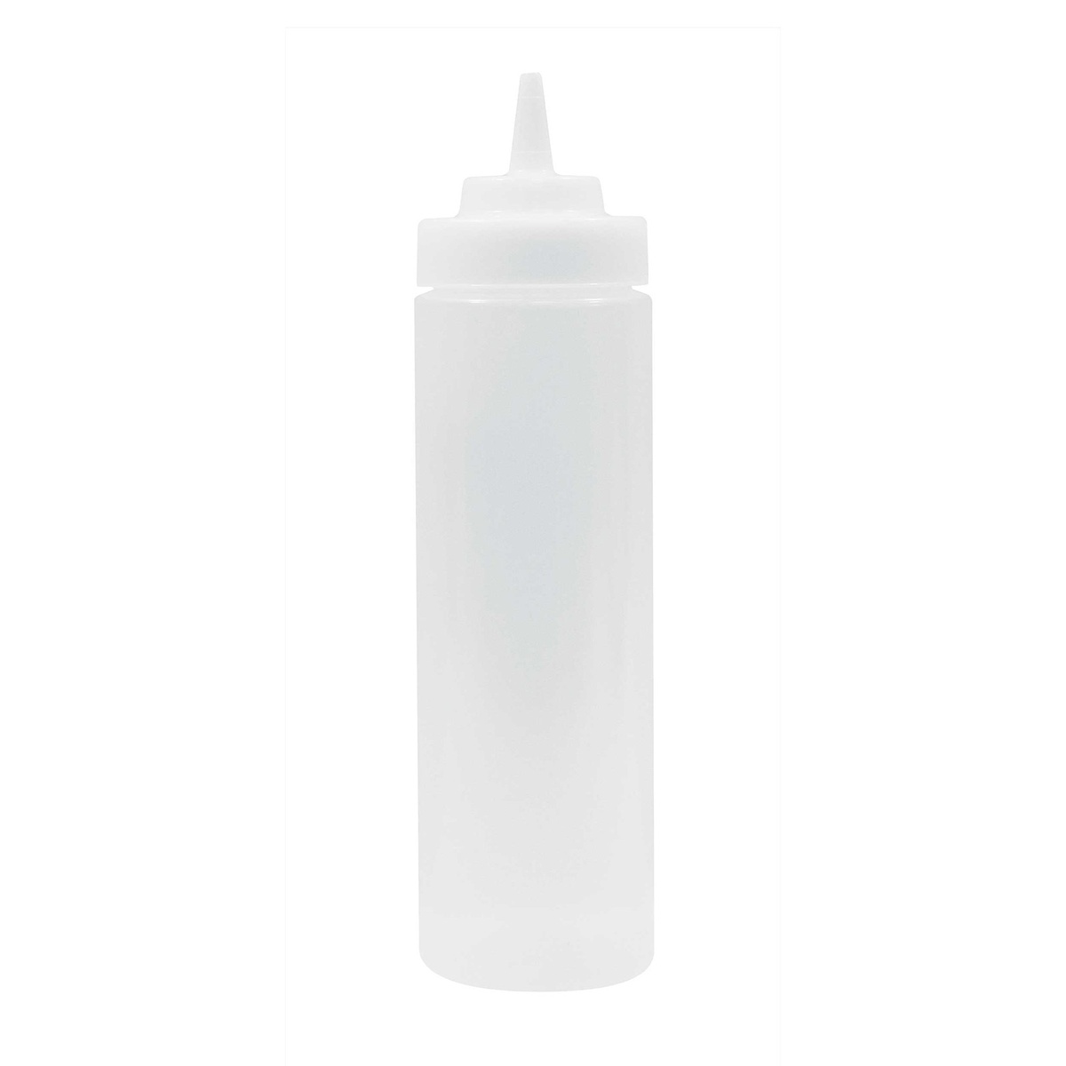 TableCraft 32563C 24 oz clear Widemouth squeeze bottle with natural wide cone TipTop cap, shown on white background