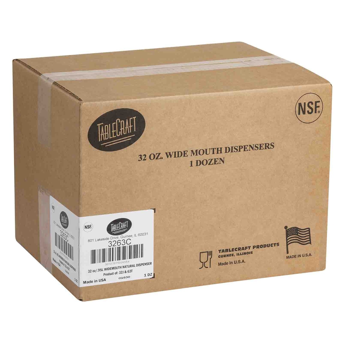 TableCraft 3263C master carton containing one dozen 32 oz widemouth squeeze bottles, NSF and Made in USA markings visible