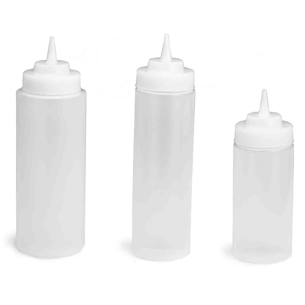 Three TableCraft Widemouth squeeze bottles shown in small, medium, and large sizes side by side
