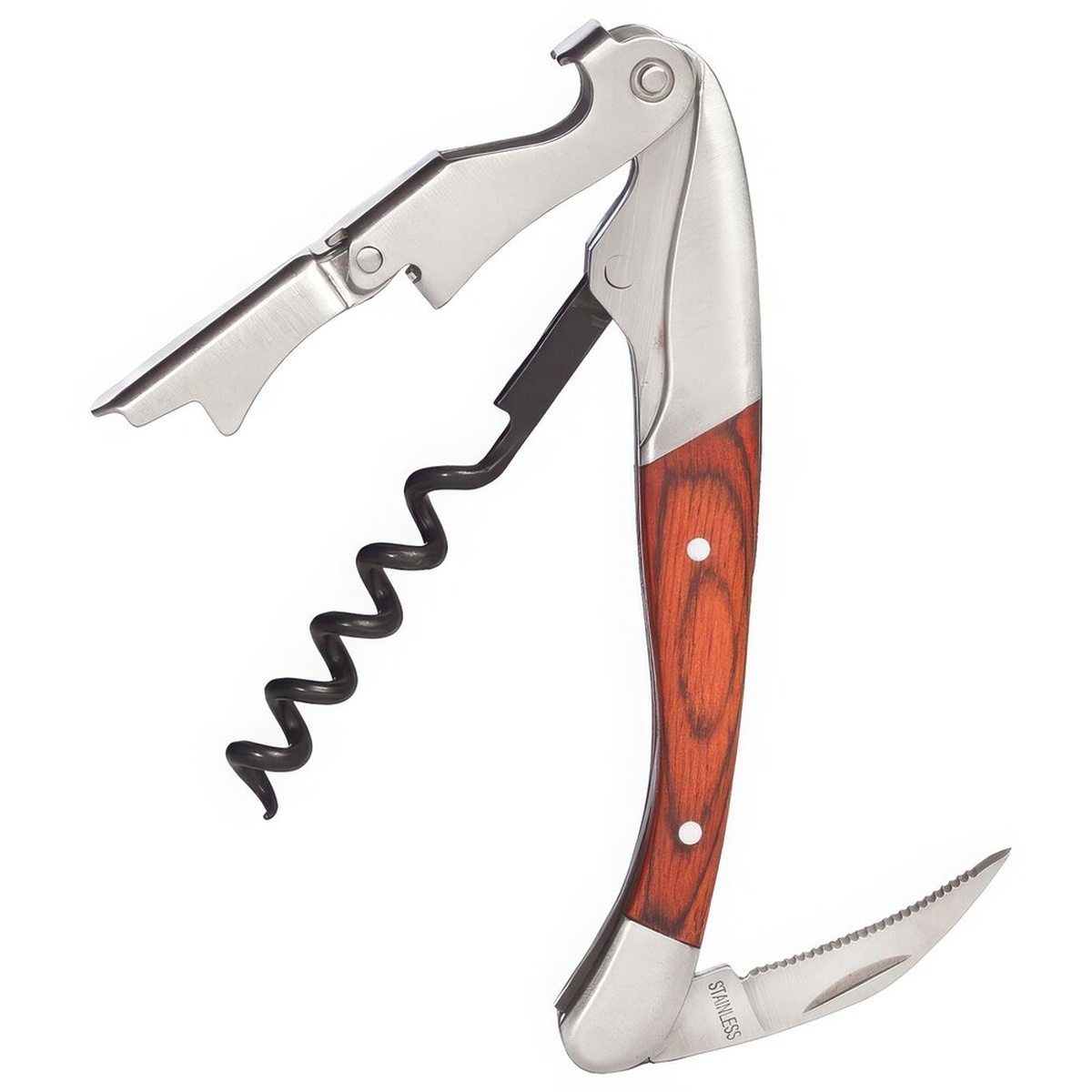 Franmara Titian two-step waiter's corkscrew open, showing non-stick spiral worm, stainless steel boot lever, retractable serrated knife, and passionwood handle