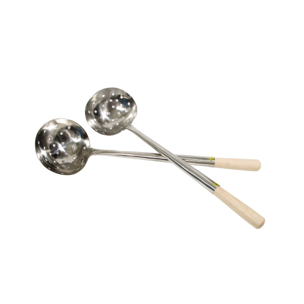 Two stainless steel perforated wok ladles with wood handles on white background
