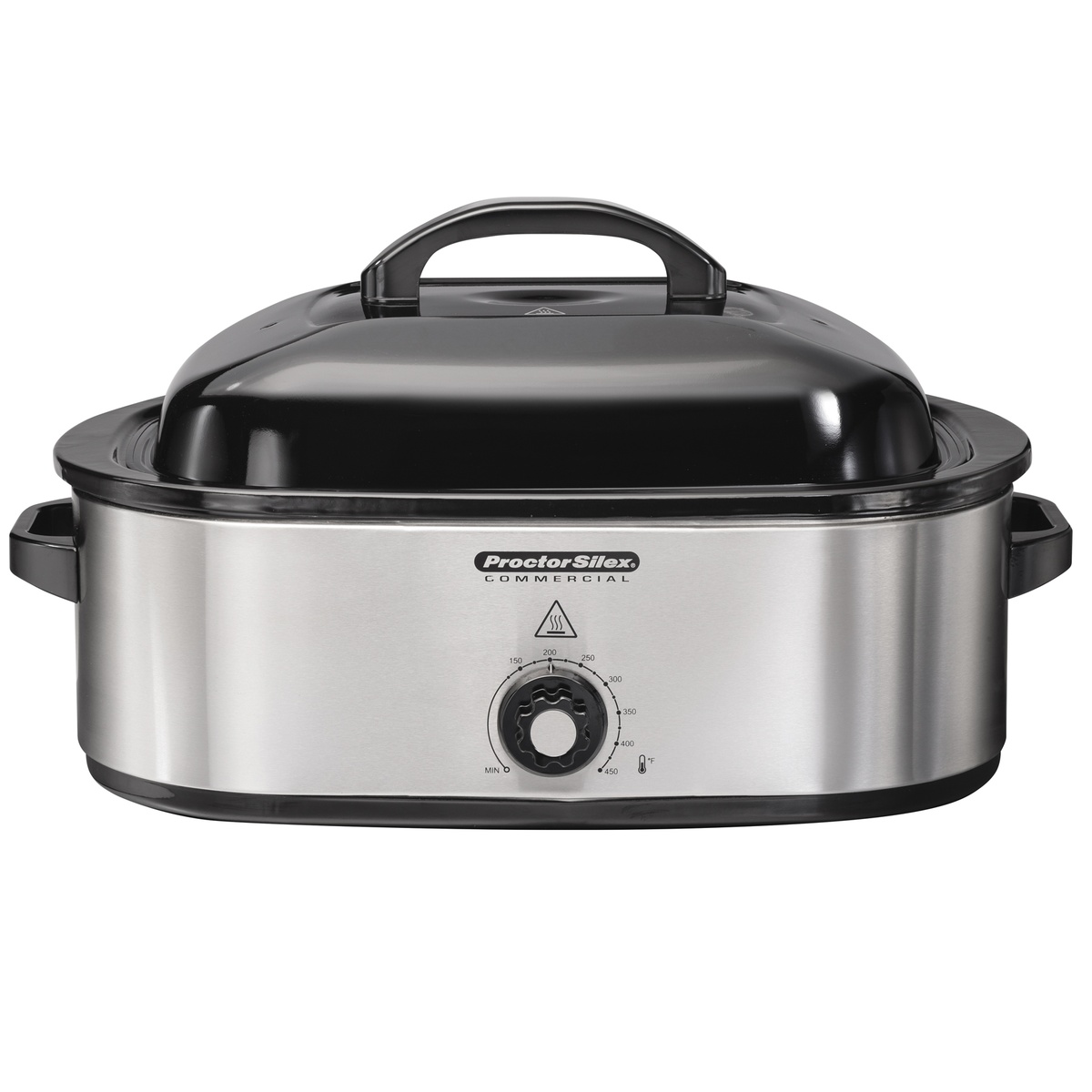 Hamilton Beach Commercial 32921 18 Qt. stainless steel roaster oven with black dome lid and temperature dial
