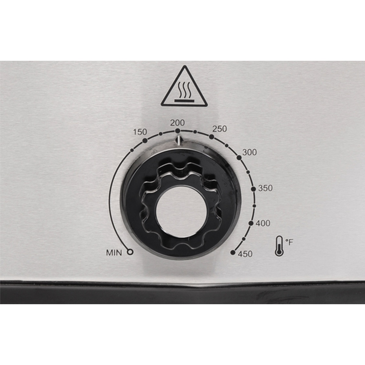 Close-up of the adjustable temperature dial on the Hamilton Beach 32921 roaster oven showing MIN through 450 degrees Fahrenheit
