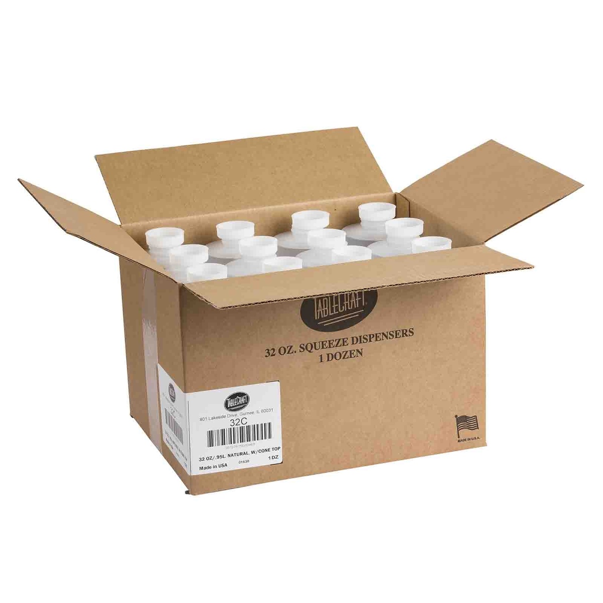 Open TableCraft shipping box showing 12 clear 32 oz squeeze bottles packed inside