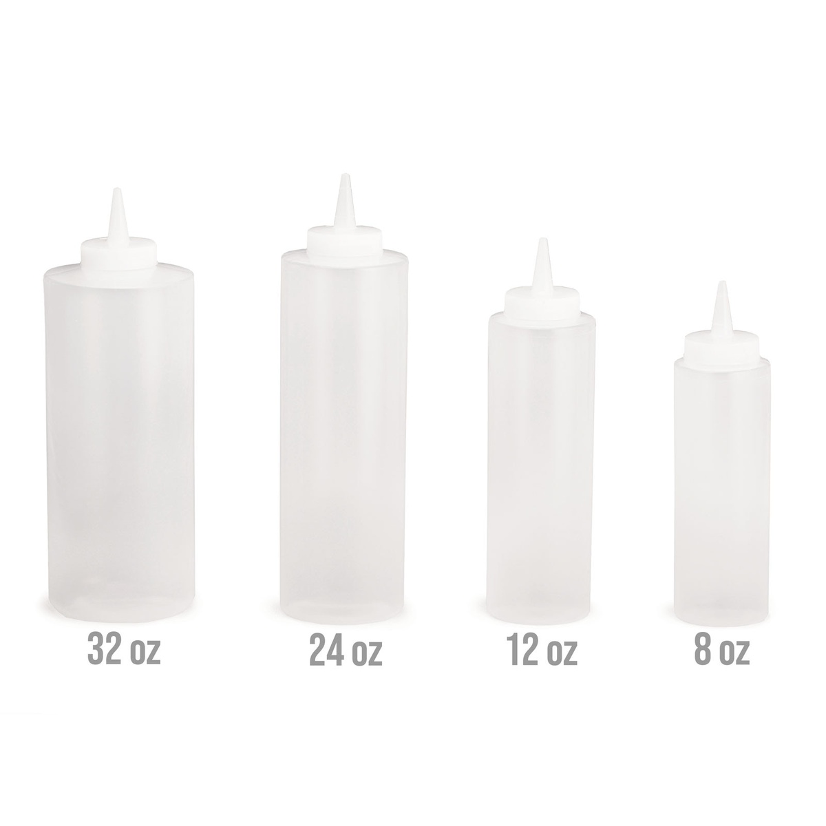 TableCraft clear squeeze bottles in four sizes: 32 oz, 24 oz, 12 oz, and 8 oz
