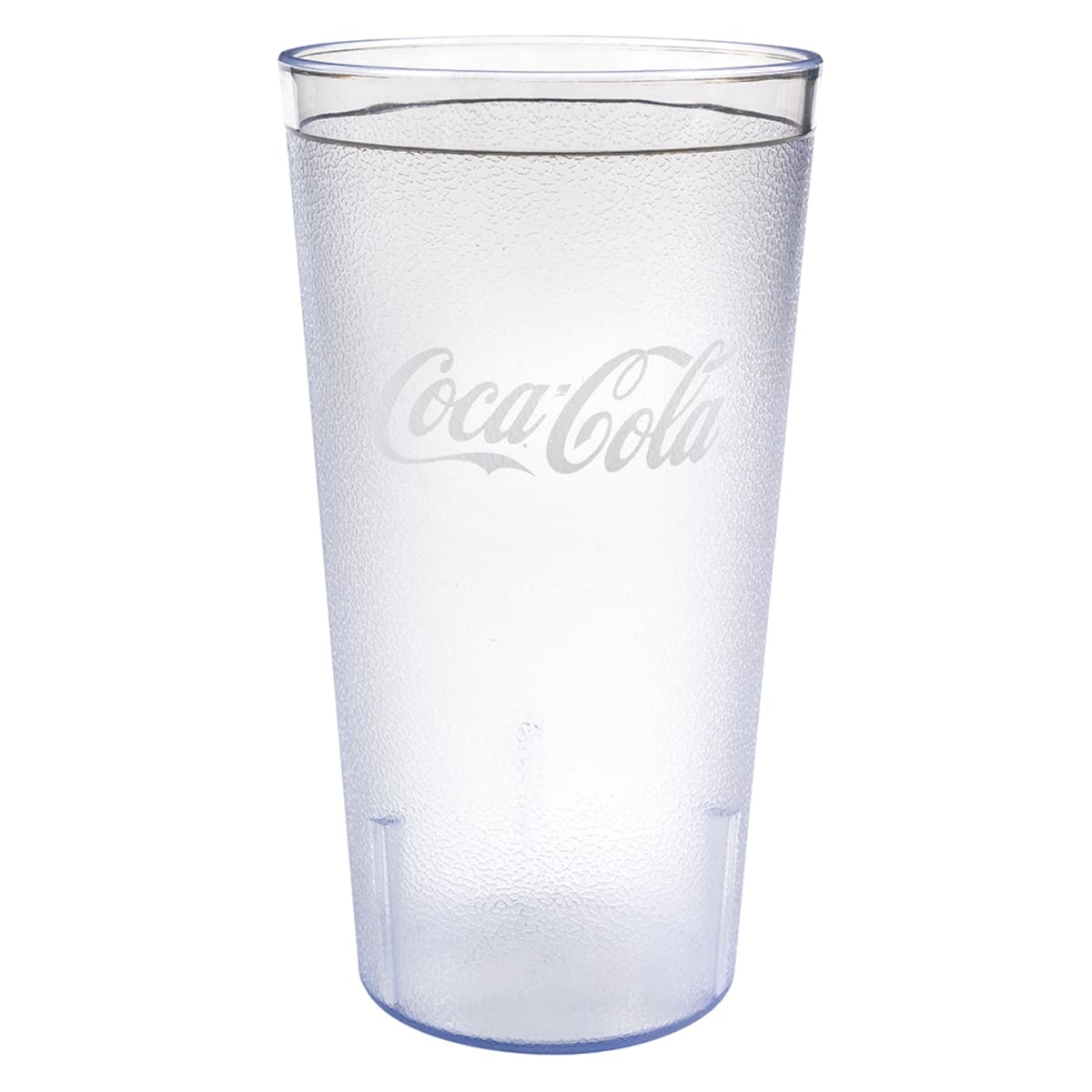Cambro 32CC152 clear 32 oz Coca-Cola tumbler, front view showing white Coca-Cola logo on textured SAN plastic