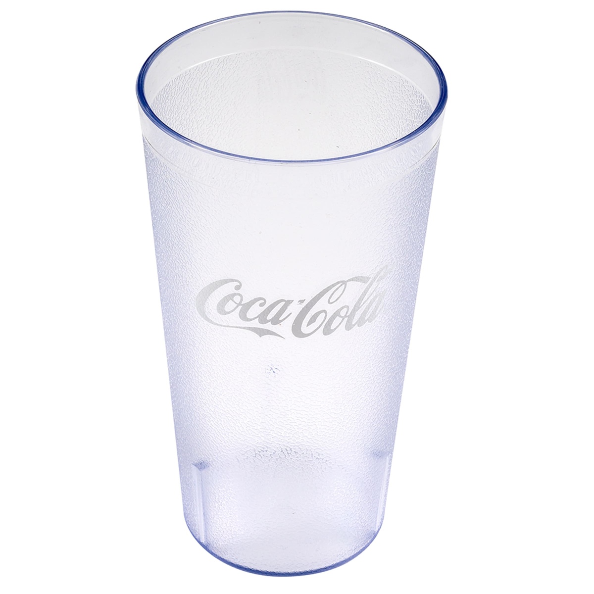 Cambro 32CC152 clear Coca-Cola tumbler, slightly elevated angle showing full height and logo clarity