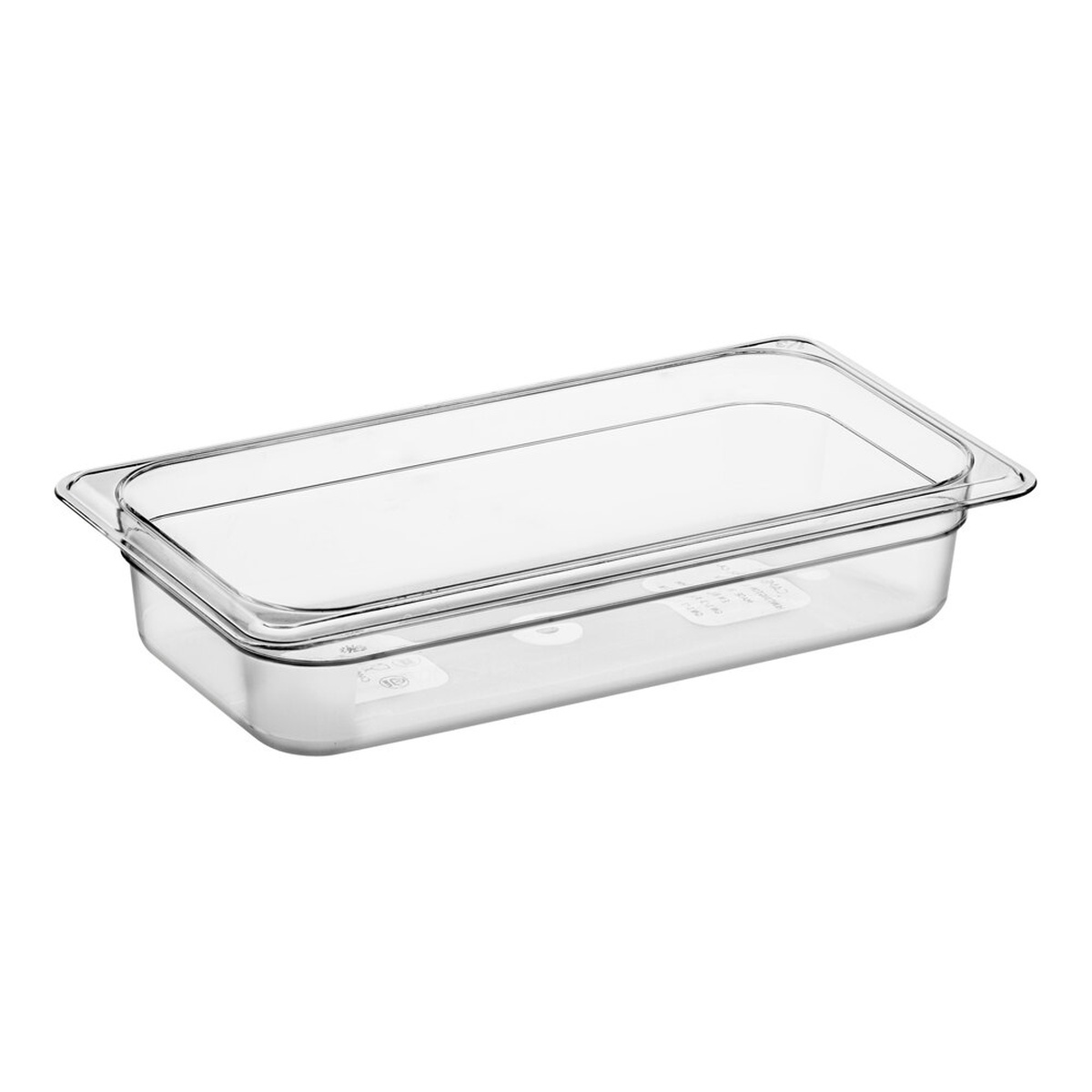 Cambro 32CW135 Camwear 1/3 size clear polycarbonate food pan 2.5 inches deep, angled view on white background showing molded-in graduations on the side