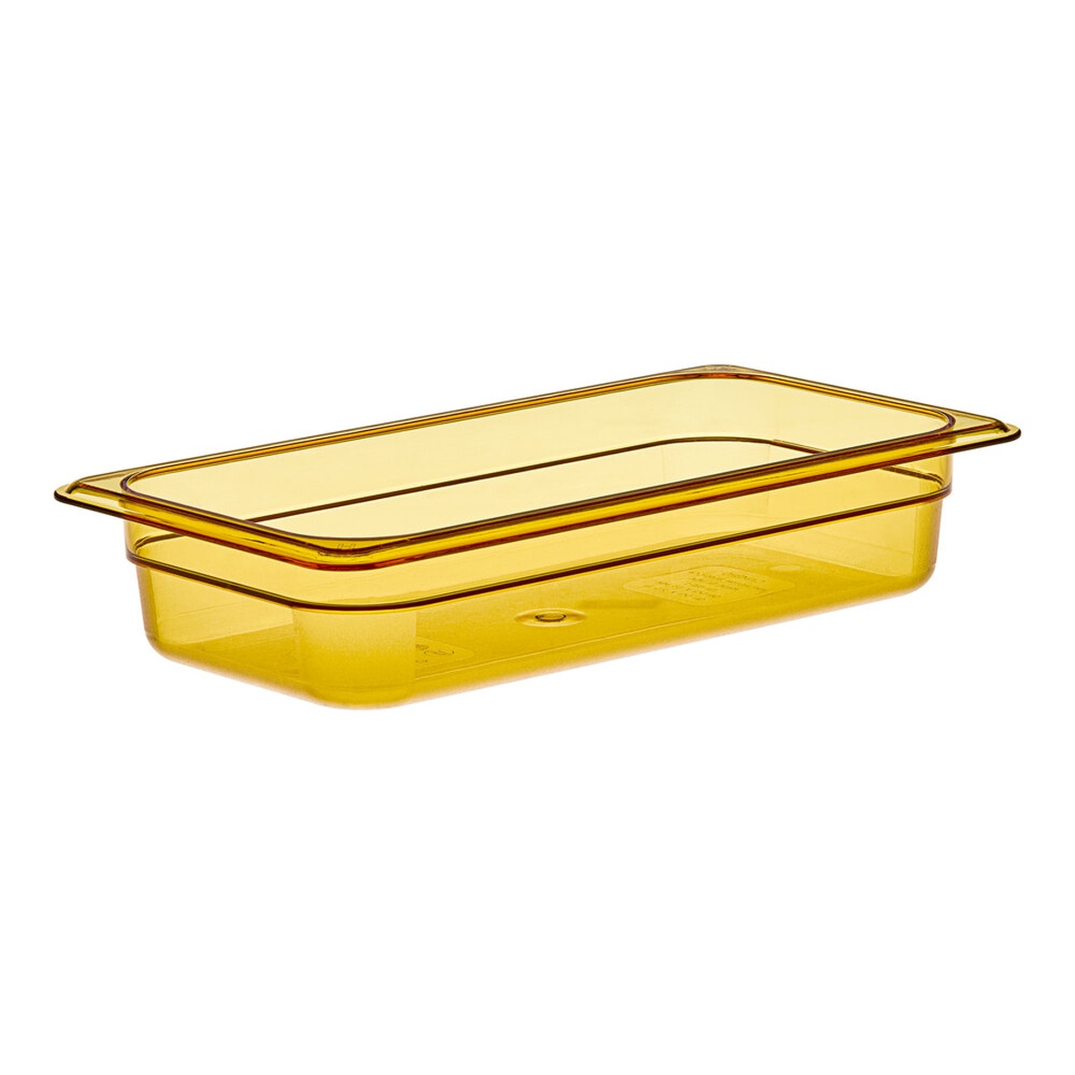 Cambro 32HP150 amber 1/3 size high heat plastic food pan, 2-1/2 inch deep, angled view on white background