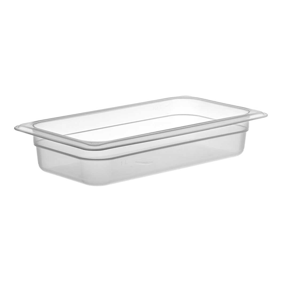 Cambro 32PP190 1/3 size translucent polypropylene food pan, 2-1/2 inch deep, showing uniform outside rim and molded-in graduation markings