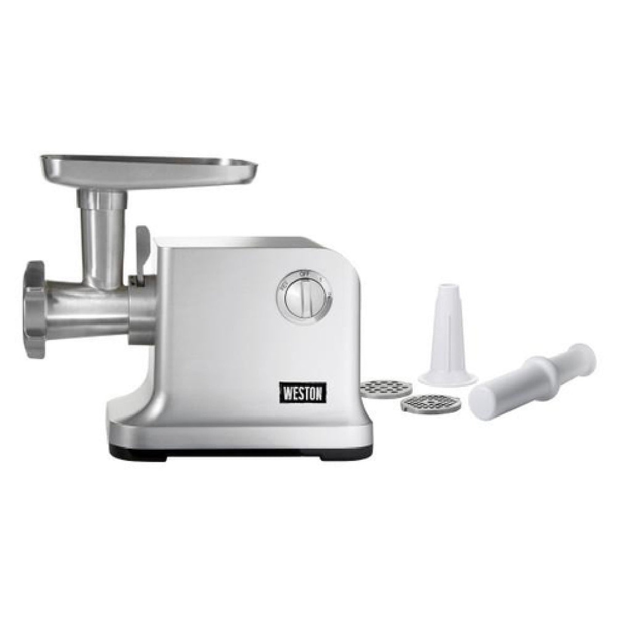 Hamilton Beach Weston electric meat grinder and sausage stuffer with tray, plates, funnel, and stomper