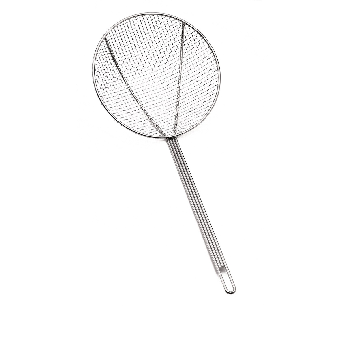 TableCraft 3306 nickel-plated 6-inch round square mesh skimmer with long handle, product on white background