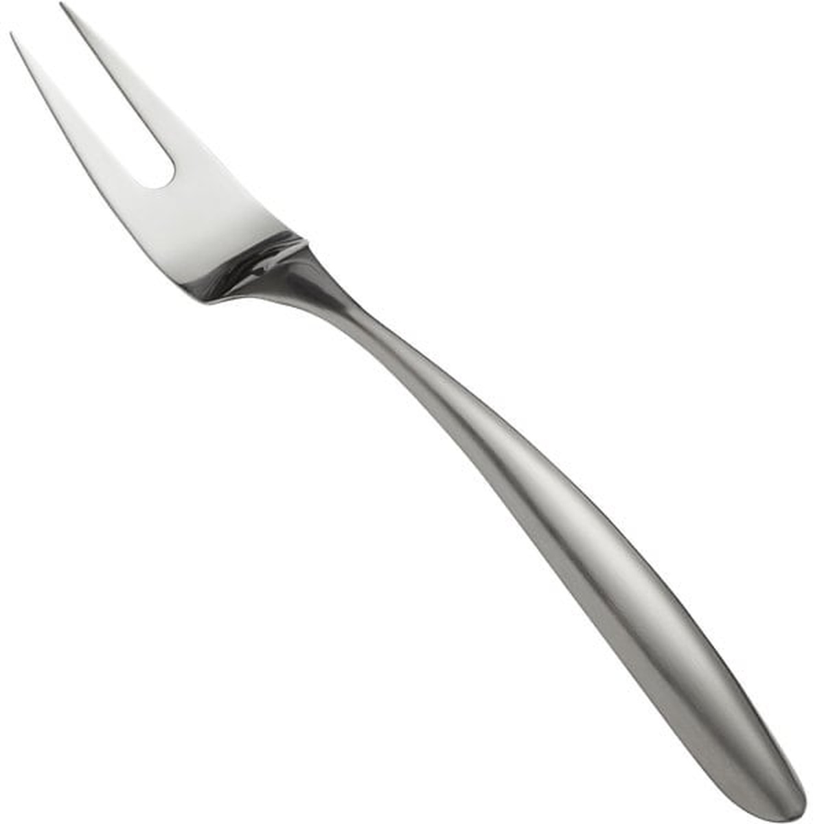 Tablecraft 3312 Dalton II 18/8 stainless steel two-tine serving fork on white background