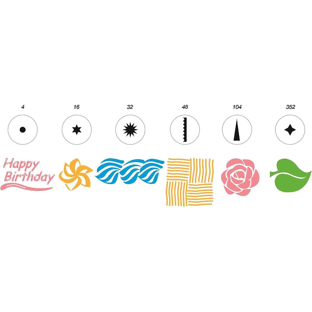 Diagram showing the six tip opening shapes and the corresponding decorative piping designs for tips 4, 16, 32, 48, 104, and 352