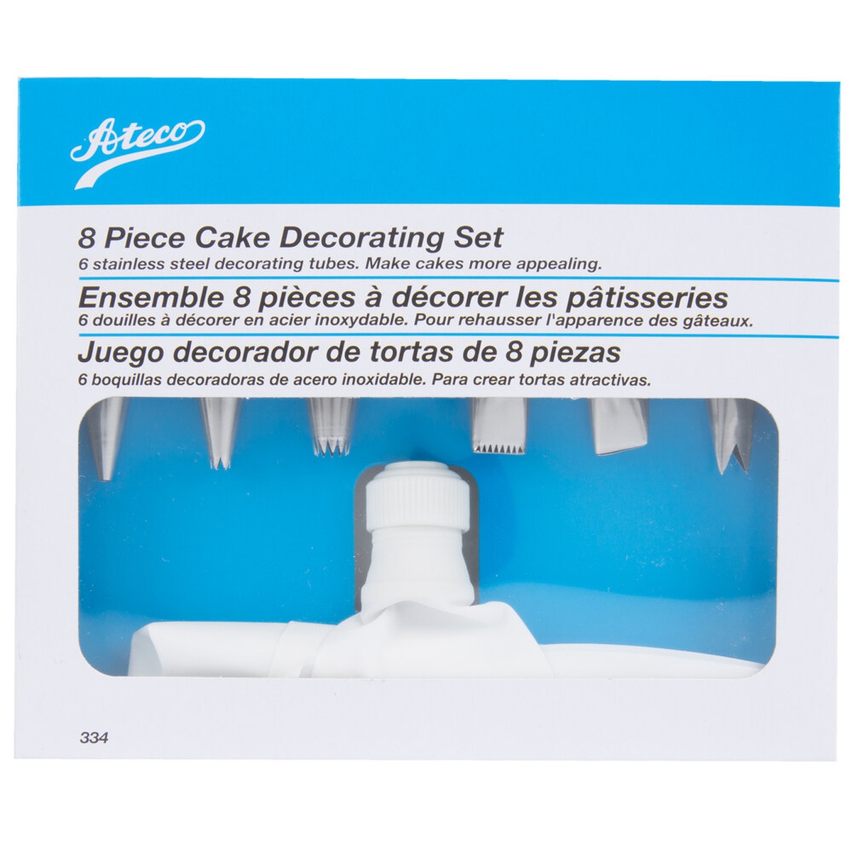 Ateco 334 8 Piece Cake Decorating Set retail packaging box with trilingual labeling