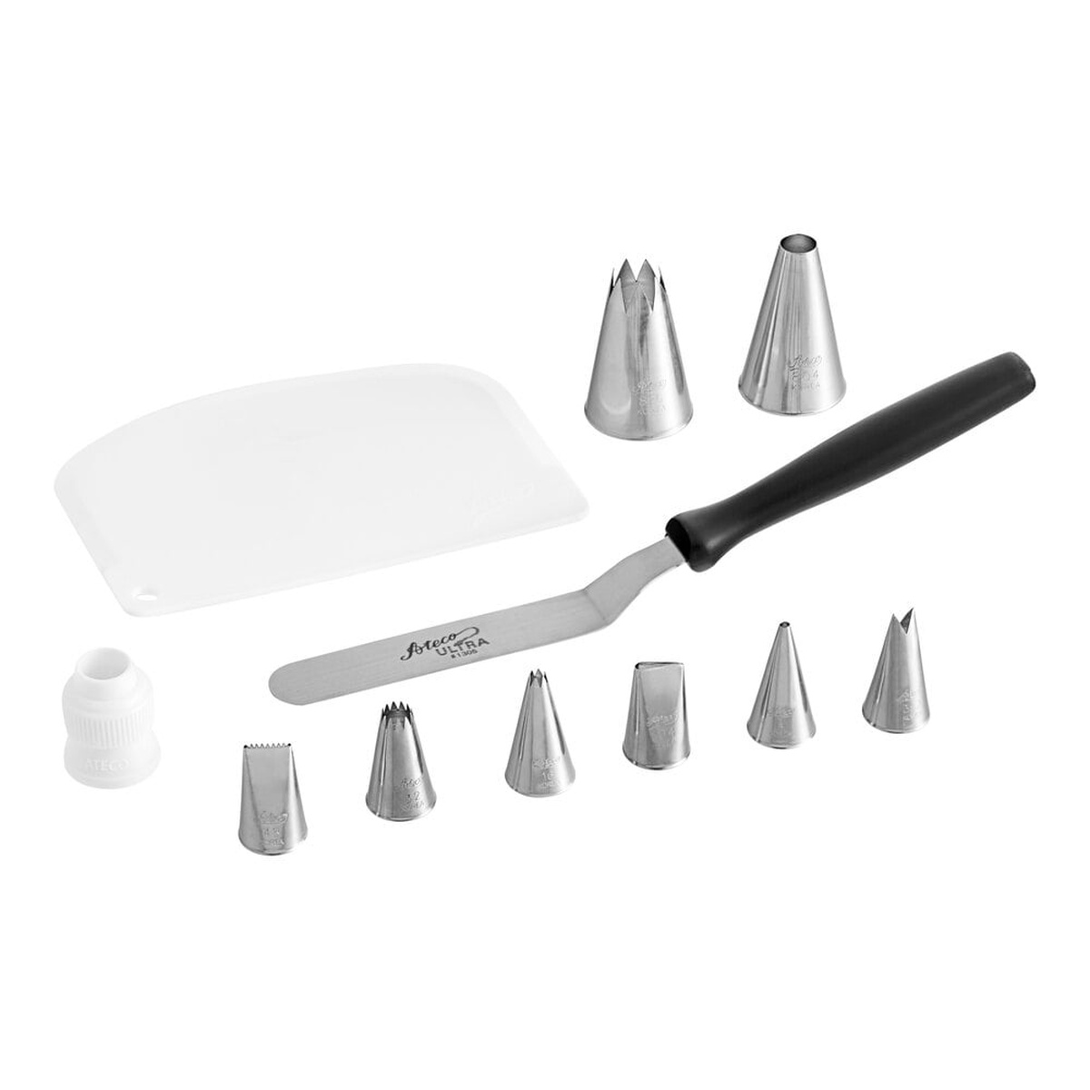 Ateco 335 14-piece cake decorating set laid out showing 8 stainless steel piping tubes, offset spatula, bowl scraper, and standard coupler on white background