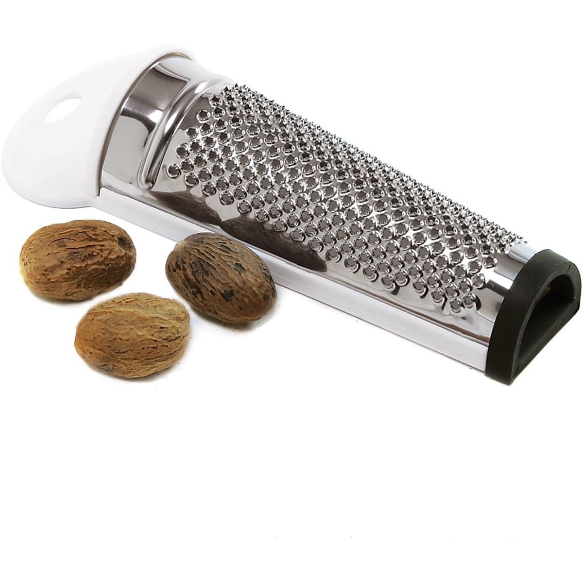 Norpro 335 Nutmeg Grater with whole nutmegs beside it, showing stainless steel grating surface and black rubber base