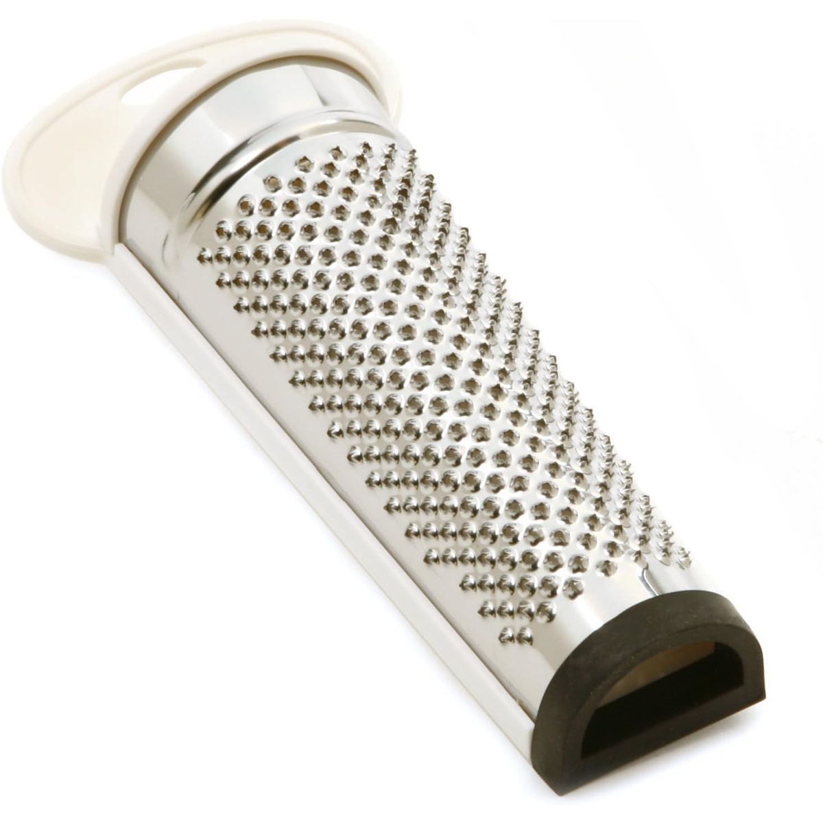 Close-up of Norpro nutmeg grater showing the fine stainless steel grating surface texture and black rubber non-slip base