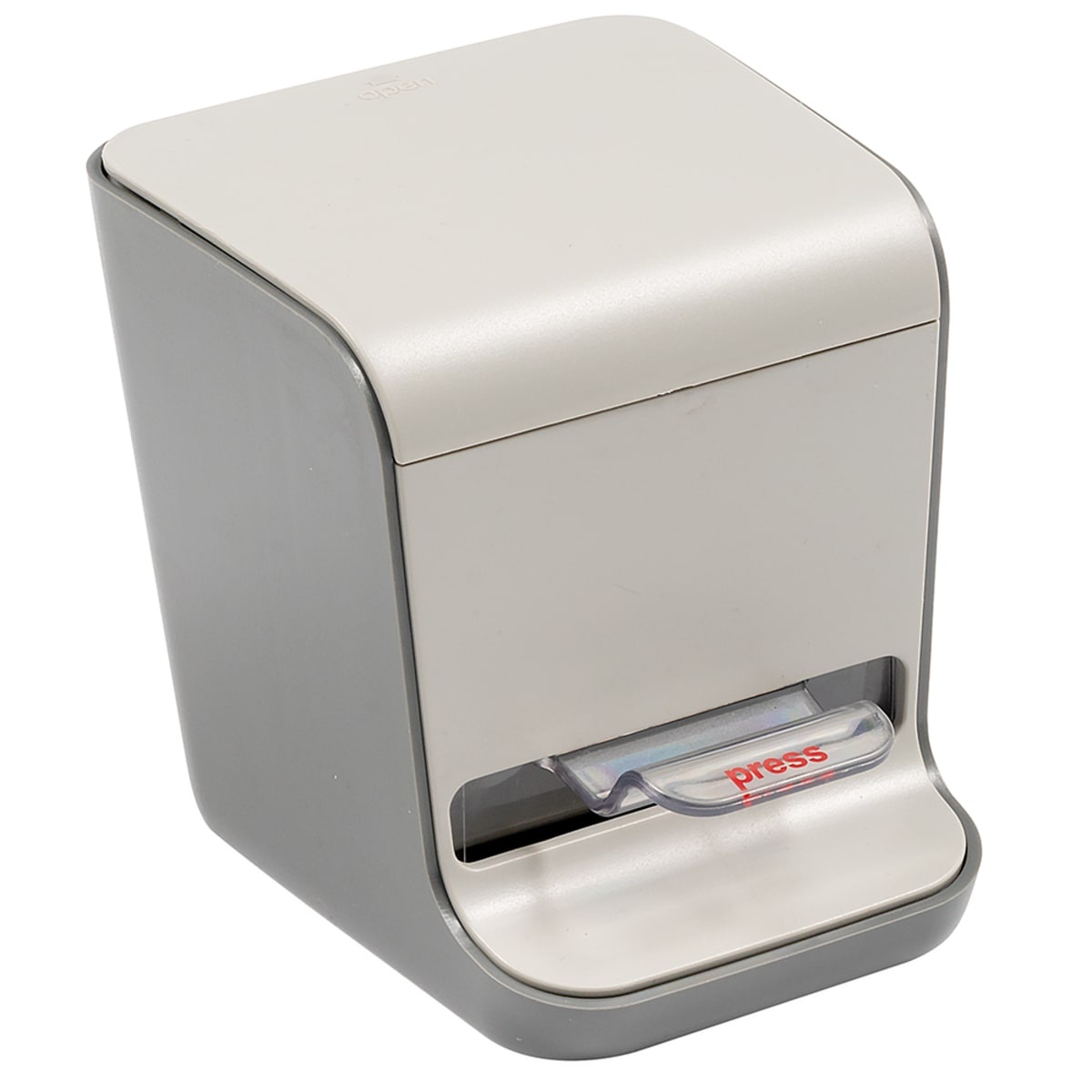 Tablecraft 336P two-toned gray toothpick dispenser angled view showing press button and top-load lid