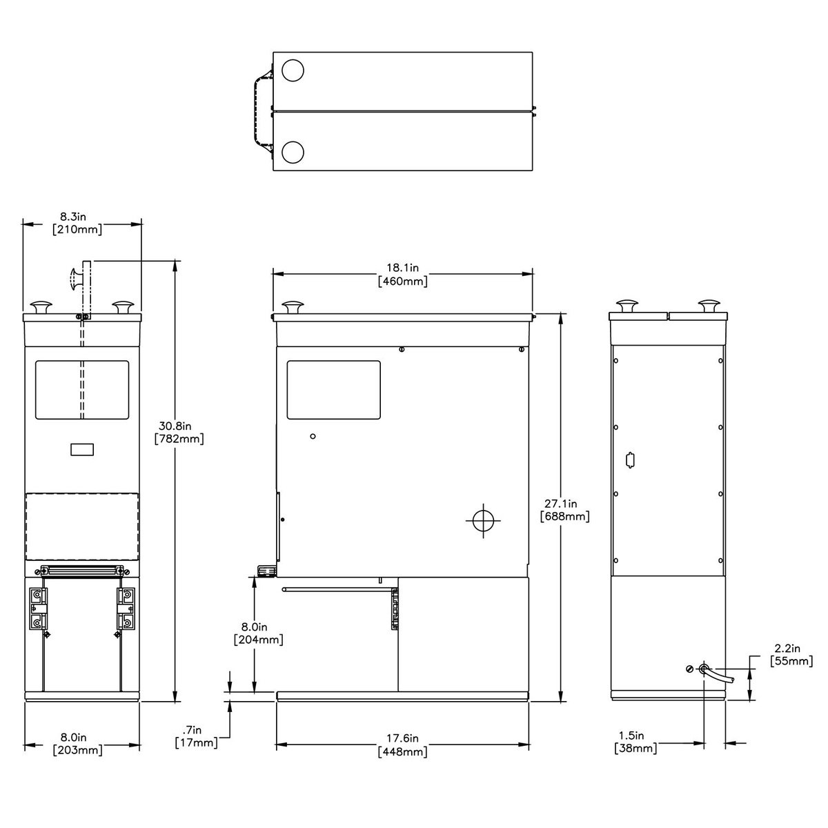 Technical dimensional diagram of the Bunn G9-2T DBC coffee grinder showing width, depth, and height measurements