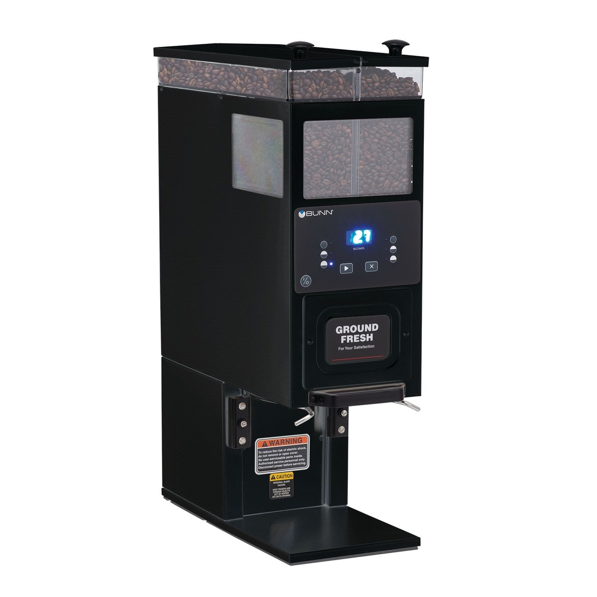 Bunn G9-2T DBC black double-hopper portion control coffee grinder with transparent bean hoppers and digital display
