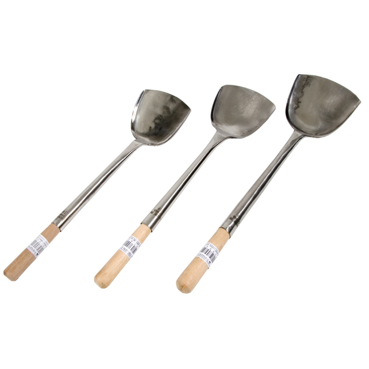 Three Town Food Service wok shovels in small, medium, and large sizes displayed side by side on white background