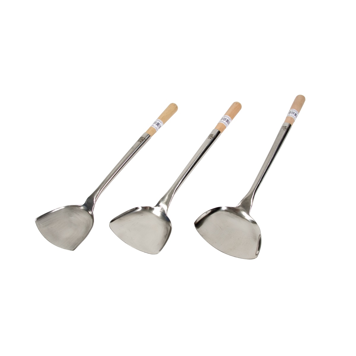 Three Town stainless steel wok shovels with wood handles displayed side by side, showing small, medium, and large sizes