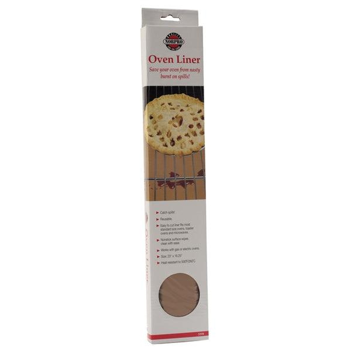 Norpro Oven Liner in retail packaging showing product dimensions and feature bullets