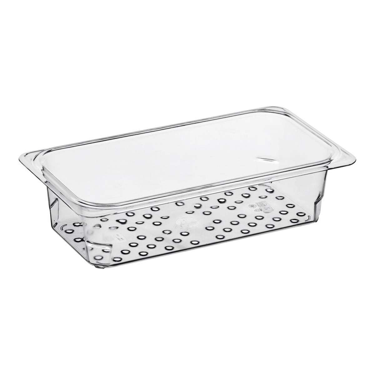 Cambro 33CLRCW135 1/3 size clear polycarbonate colander pan with drain holes on white background