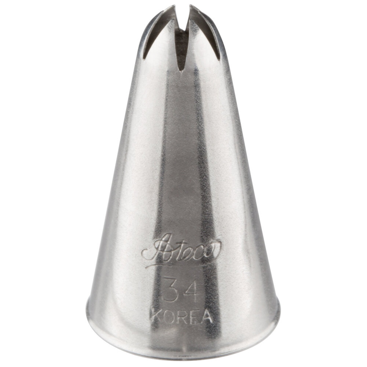 Ateco 34 closed star stainless steel piping tip, conical shape with deeply-grooved star opening, embossed with Ateco branding and number 34