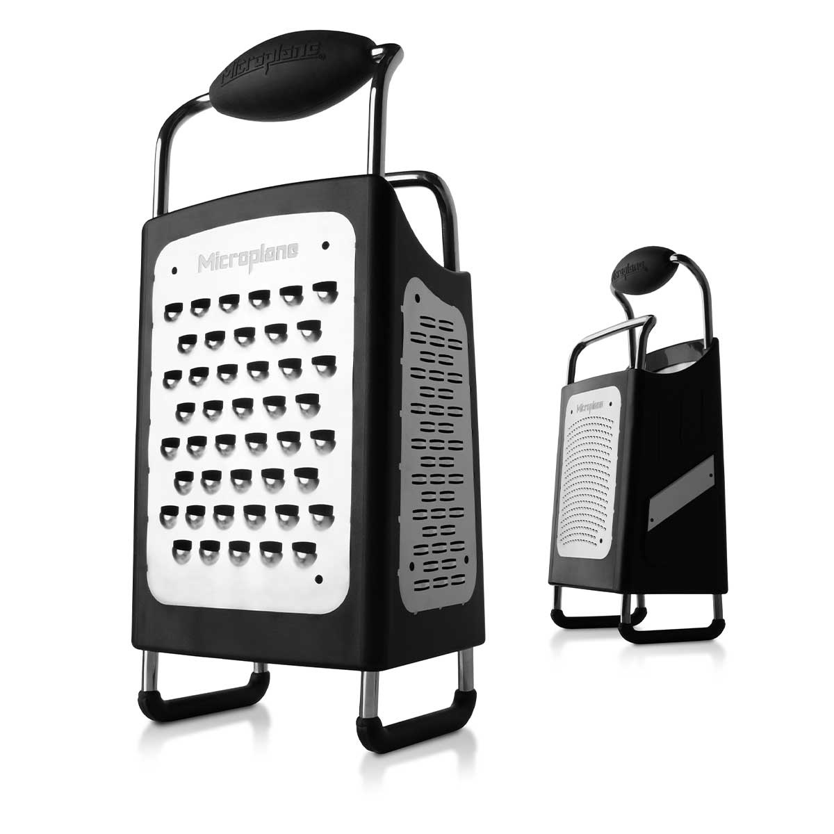 Microplane 34006 4-Sided Box Grater shown from two angles, displaying ultra-coarse and ribbon blade sides with soft-grip handle and rubber feet