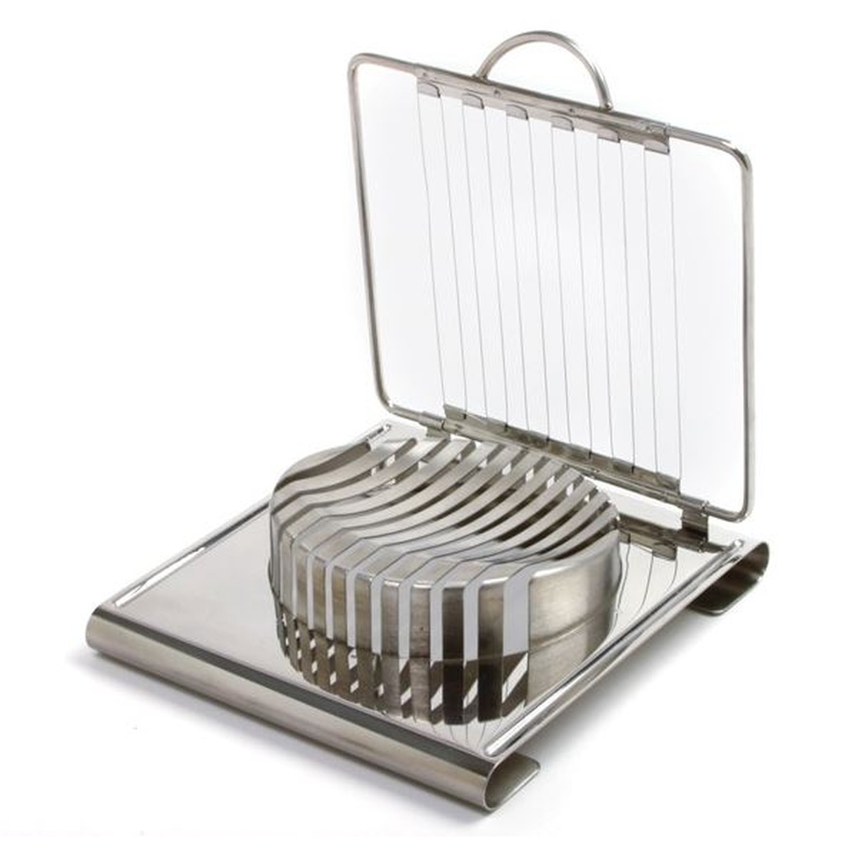 Stainless steel soft cheese slicer with wire cutters and curved base
