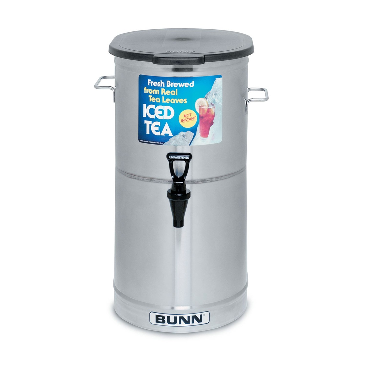Bunn TDO-4 stainless steel iced tea dispenser front view with solid black lid, side handles, and faucet labeled Unsweetened