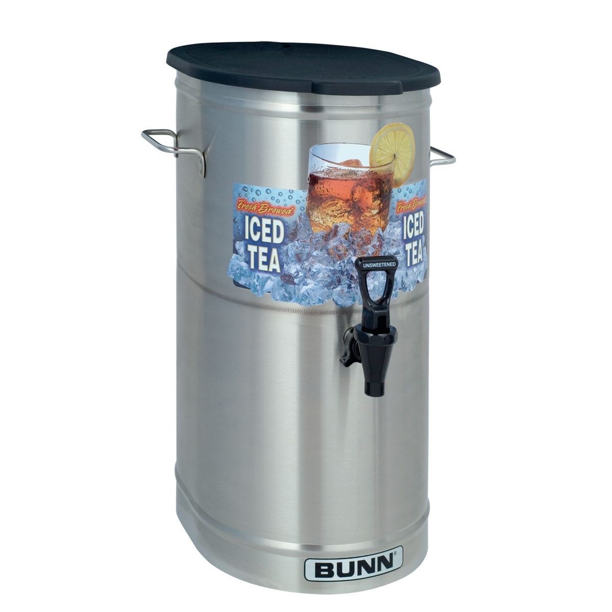 Bunn TDO-4 stainless steel iced tea dispenser with black solid lid, side handles, labeled faucet, and Fresh Brewed Iced Tea decal