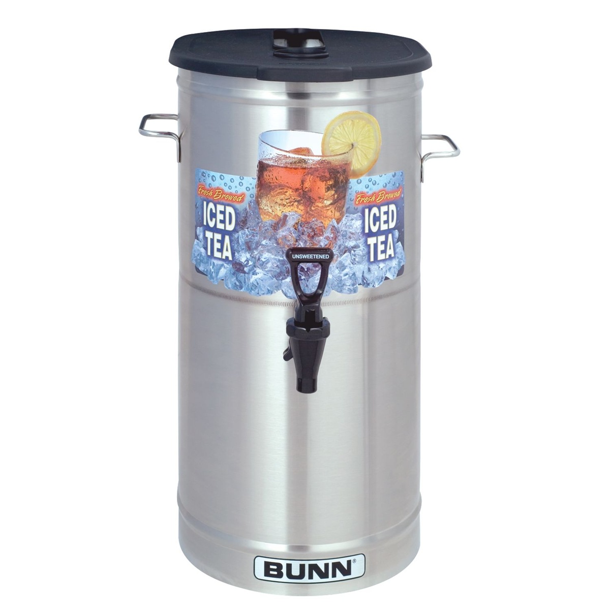 Front view of BUNN TDO-4 cylindrical stainless steel dispenser with iced tea graphics, black faucet labeled unsweetened, and welded side handles