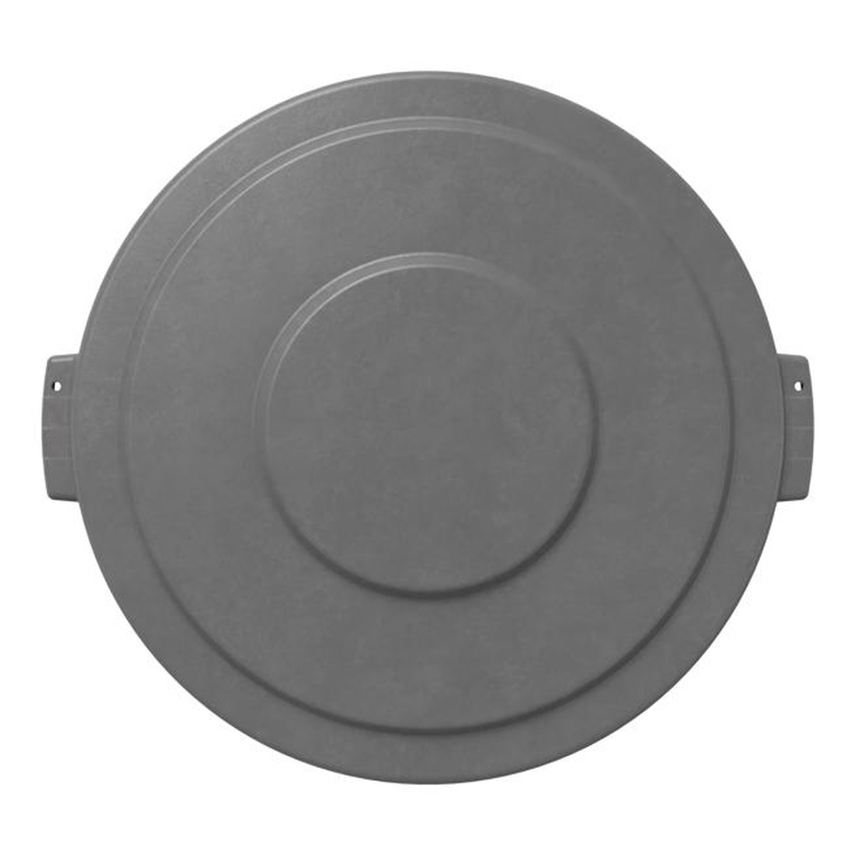 Top-down view of gray Bronco round 32-gallon waste container lid with side handles
