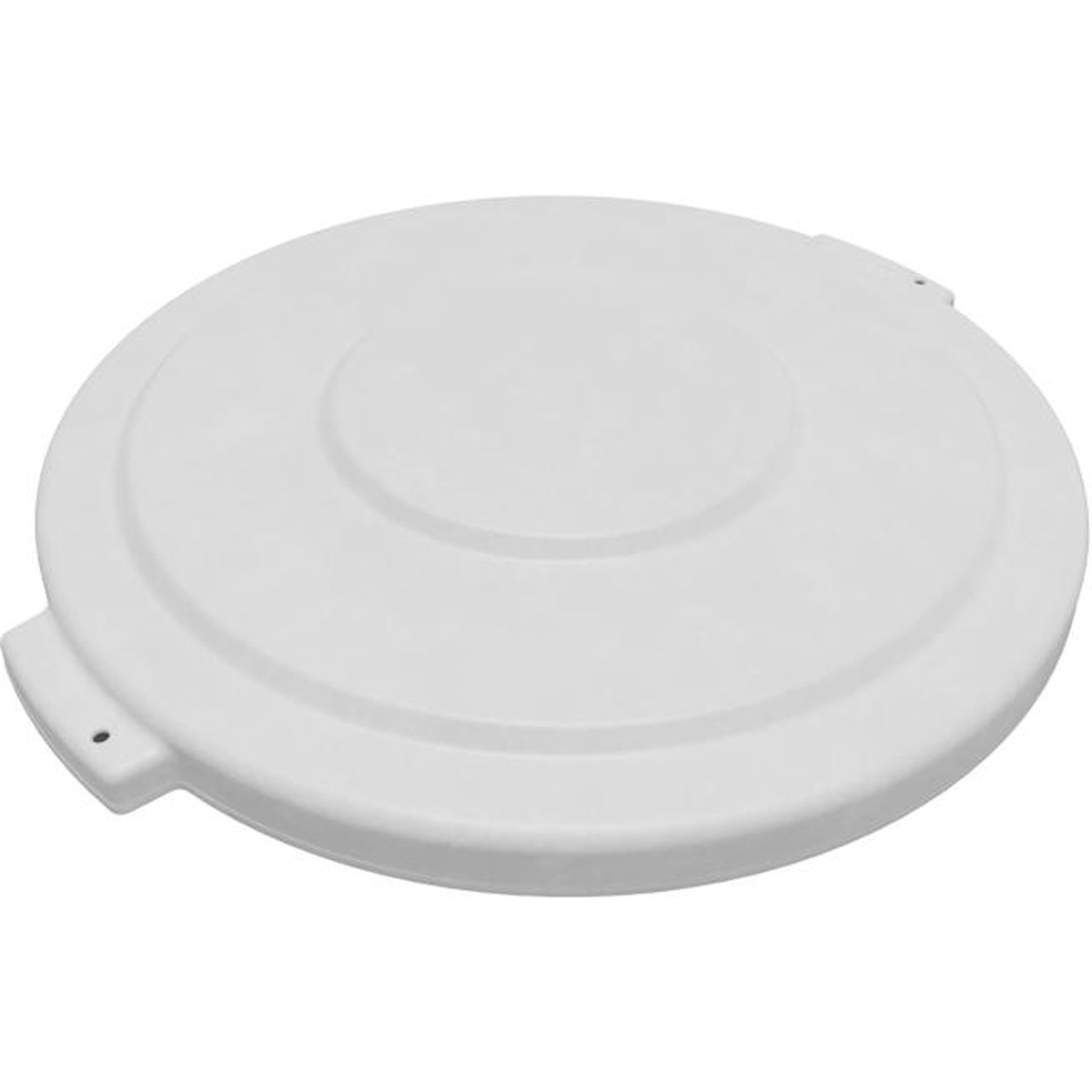 Bronco 44-gallon white round waste container lid angled view showing locking tabs