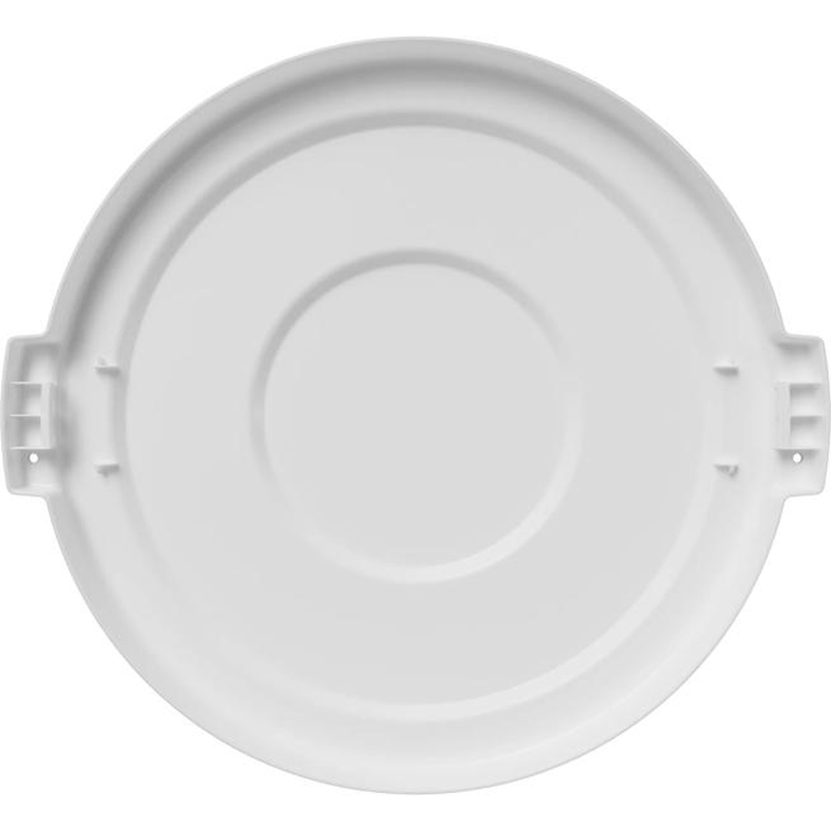 Bronco 44-gallon white round waste container lid overhead view showing locking tab detail on both sides