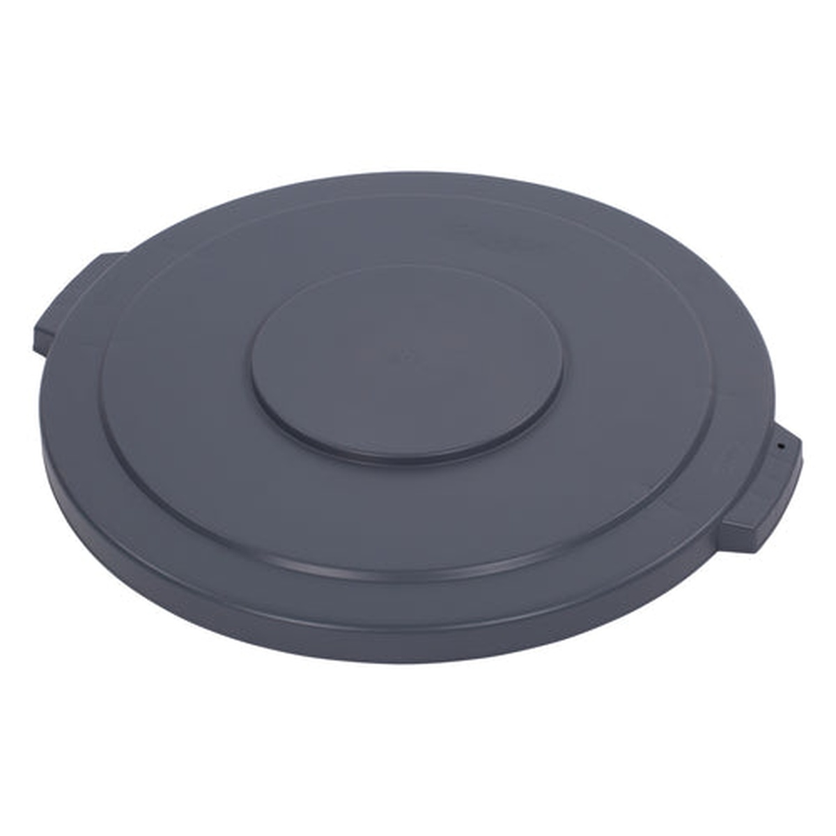 CFS Brands Bronco gray round polyethylene lid for 44-gallon waste container, top view showing snap-down tab locks