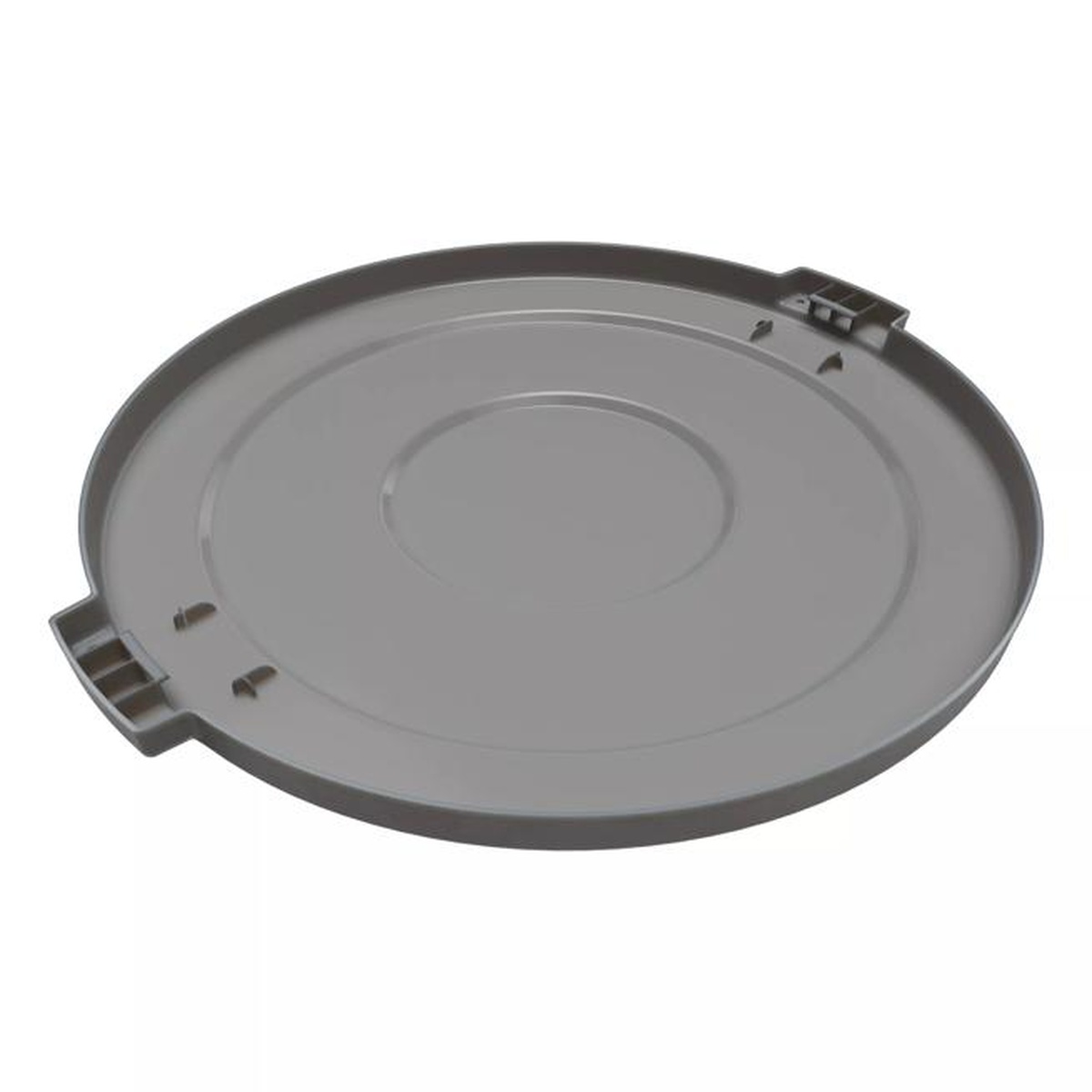 Angled underside view of gray Bronco round trash container lid showing locking tab detail and lid profile