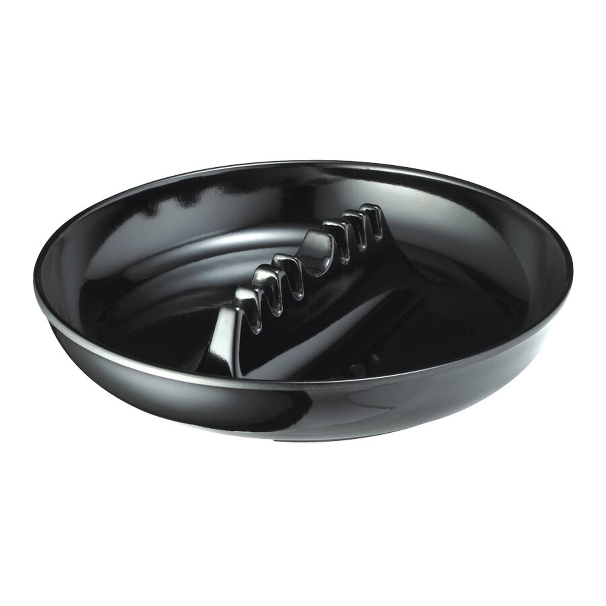 TableCraft 341B-1 round black phenolic safety ashtray with center safety island, angled view on white background