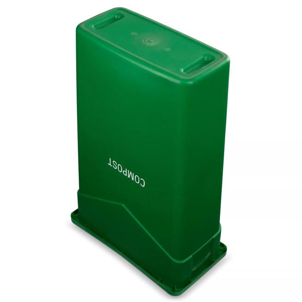 Bottom view of green compost container showing hand grip recesses for easy lifting