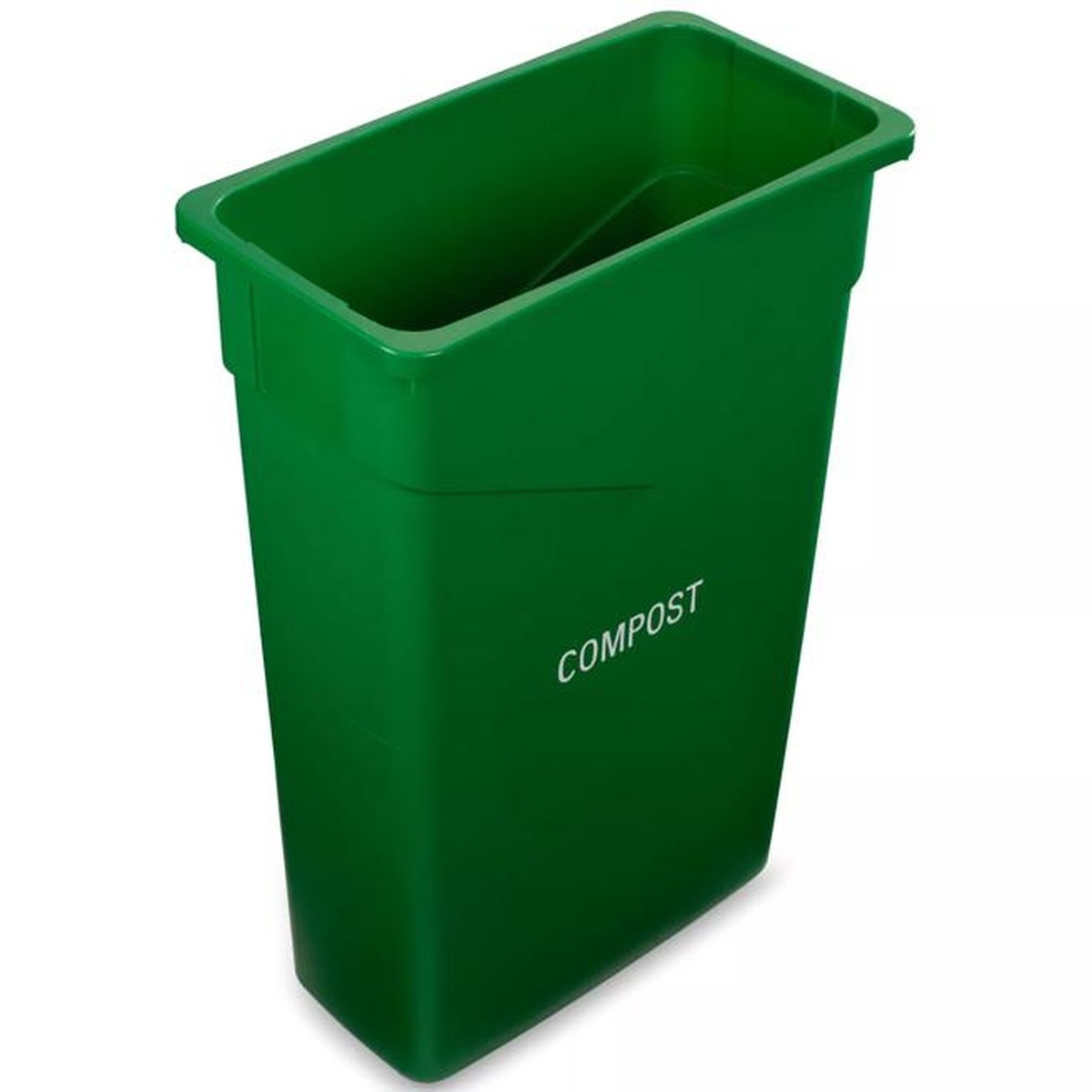 Top-down angled view of green compost container showing open interior and integrated liner tab