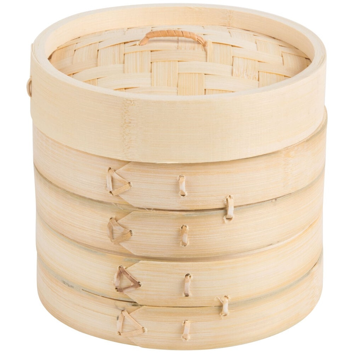 Town 34206 6-inch bamboo steamer set assembled, showing two stacked steamer baskets with woven lid on top