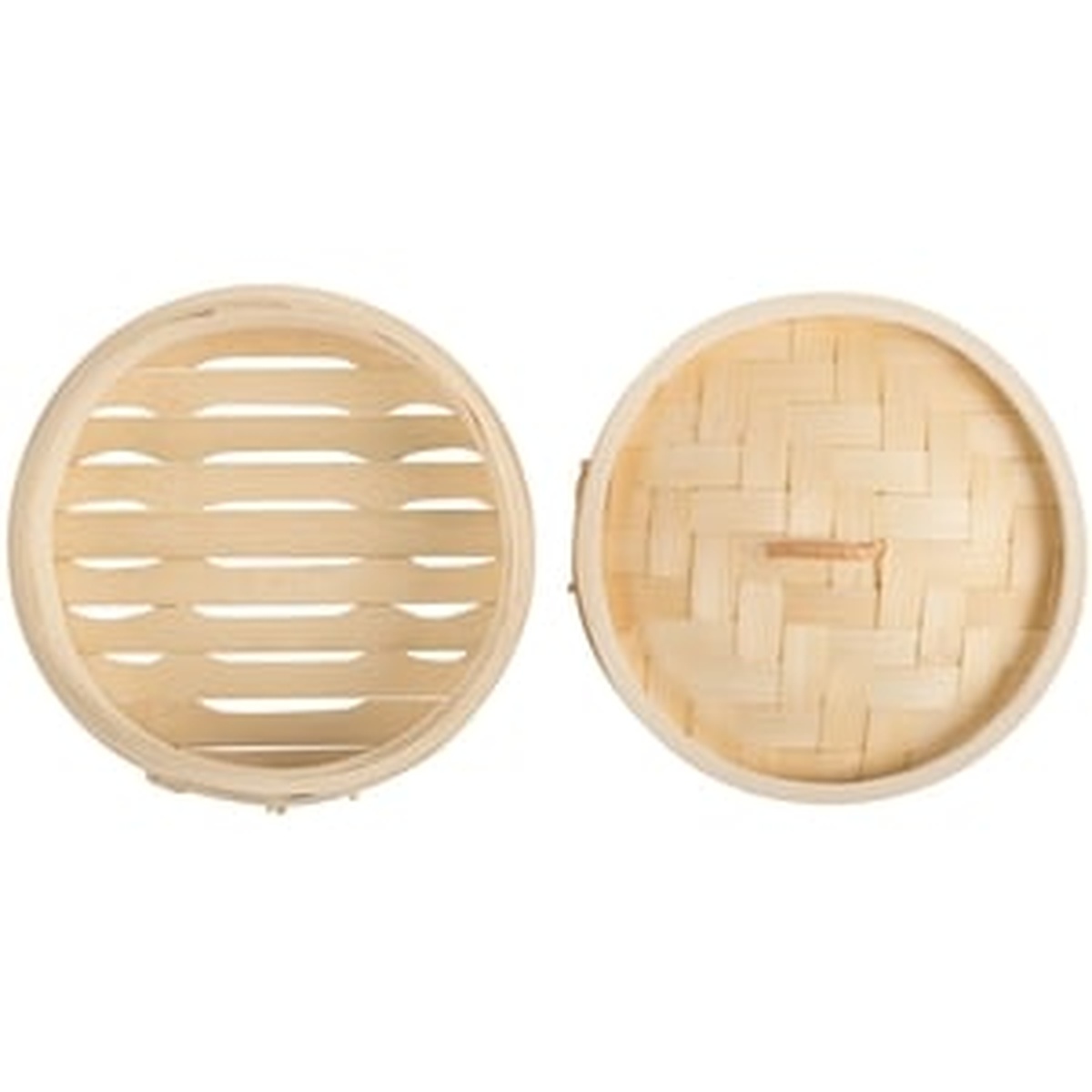 Close-up of Town bamboo steamer basket bottom showing slatted base and woven thatch-pattern lid viewed from above